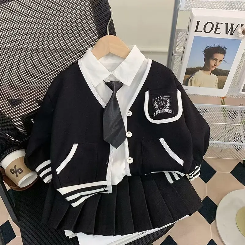 New FationKorean  Girls Knitted Clothing Set Spring Autumn Children's Student Cardigan Sweater Skirt Shirt 3pcs Clothing Outfit