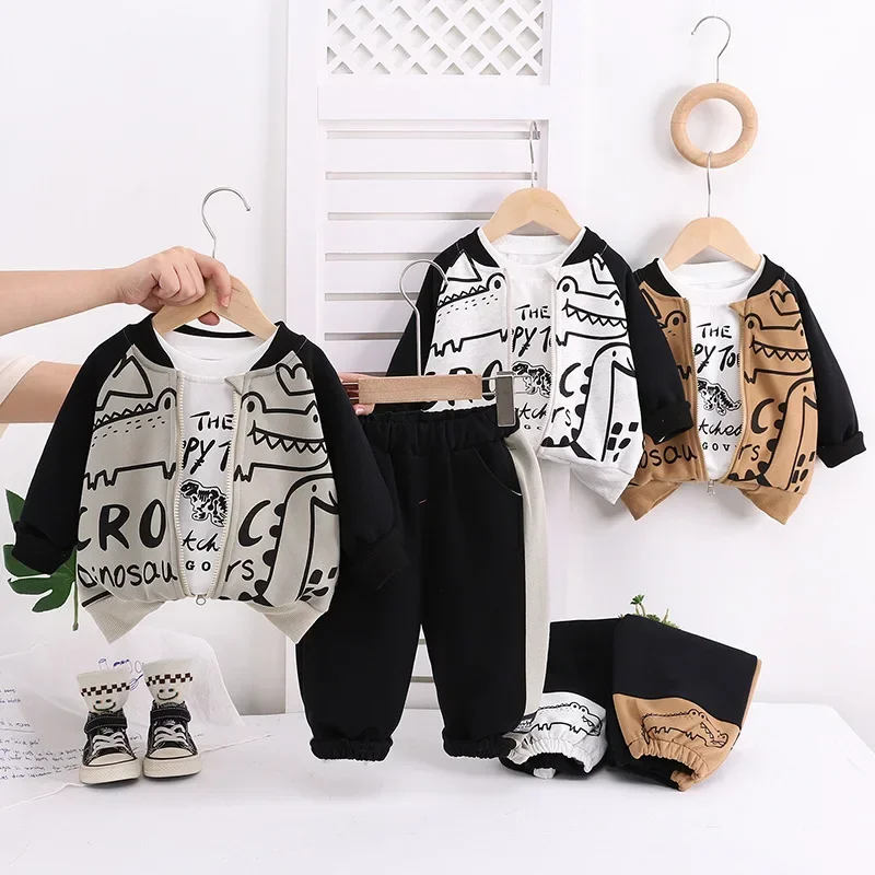 

1-5Y Kids Boys 3Pcs Set Cotton Dinosaur and Crocodile Print Baby Girls Clothing Cute Casual Jacket and Top and Pants Outfit