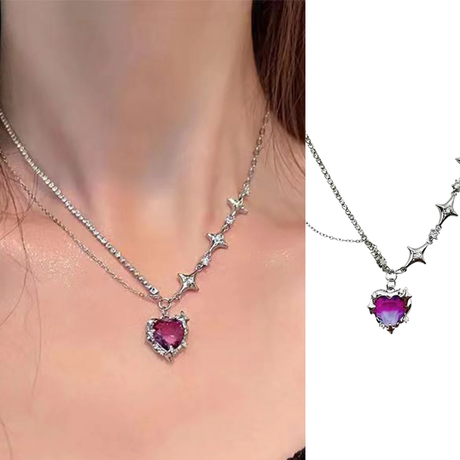 Light Luxury Purple Crystal Heart Pendant Necklace Y2K Women Girls Punk Clavicle Chain Fashion Valentine's Day Gifts