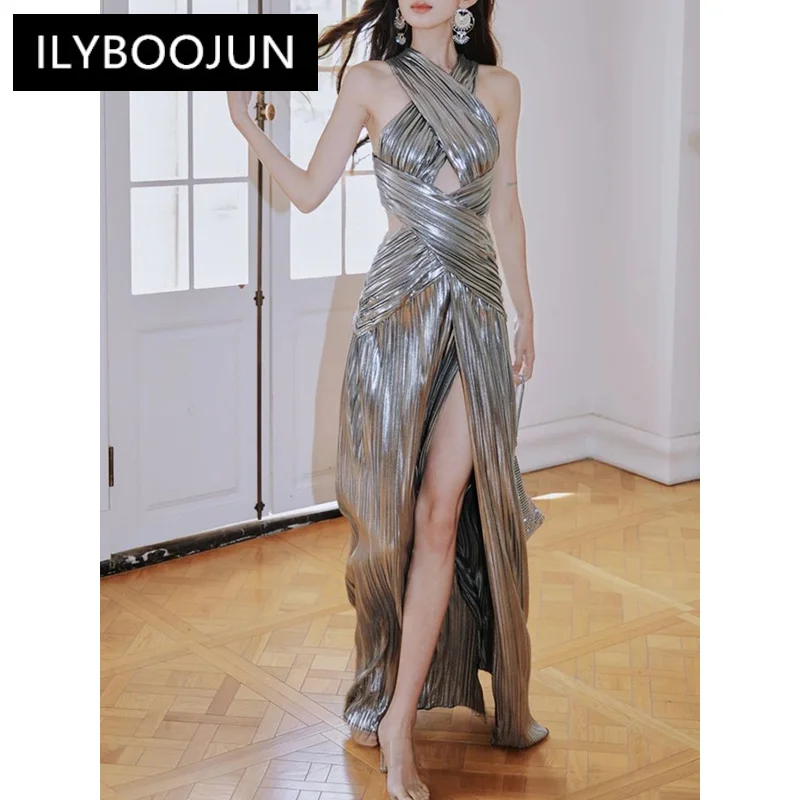 

ILYBOOJUN Solid Slimming Hollow Out Dresses For Women Crisscross Halter Sleeveless High Waist Sexy Dress Female Fashion New