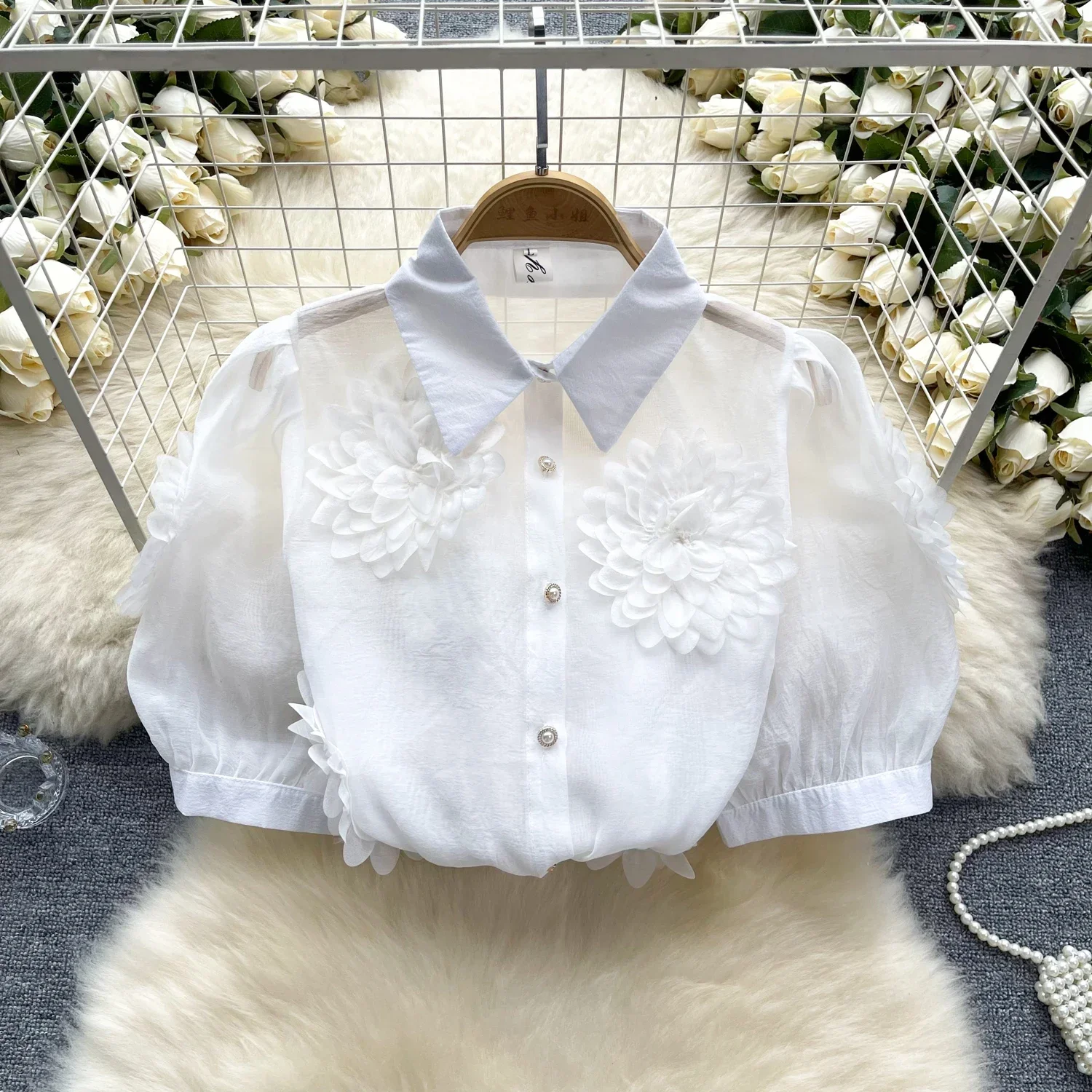 2025 New French Style 3D Floral Blouse Women Lapel Neck Short Sleeves Pearl Loose Top Fashion Hotsweet Sheer Chiffon Shirt