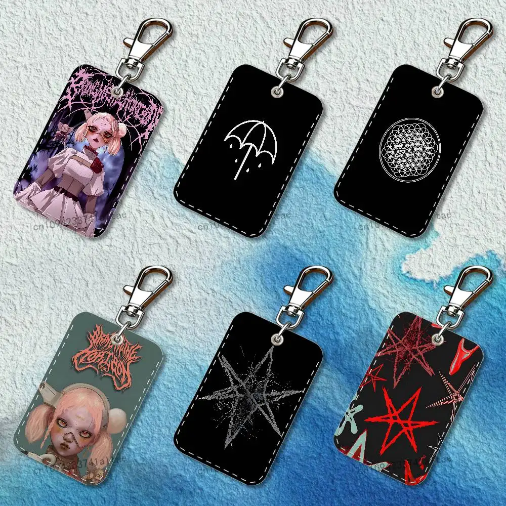 

B-Bring Me The Horizon Rectangle Card Case Leather Card Holder Keychain Key Ring Transportation Card Case