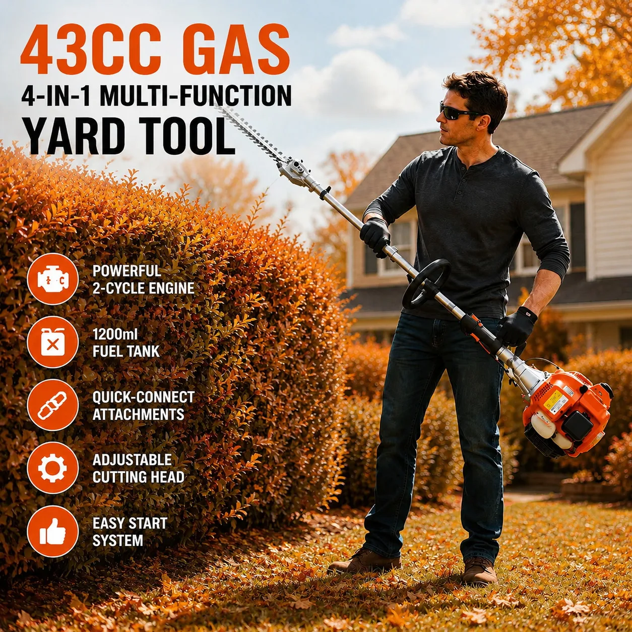 43cc 4-in-1 Gas Hedge Trimmer – Long-Reach Pole Trimmer with Adjustable Cutting Head, Brush Cutter & Quick-Connect Attachments 1