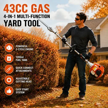 43cc 4-in-1 Gas Hedge Trimmer – Long-Reach Pole Trimmer with Adjustable Cutting Head, Brush Cutter & Quick-Connect Attachments 1