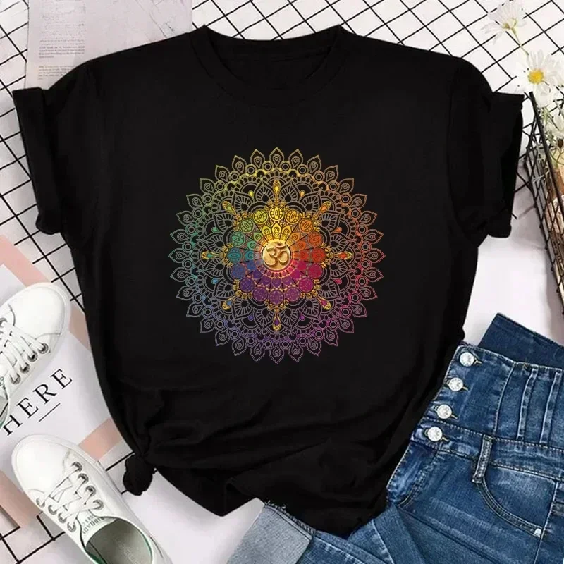 Plus Size Watercolor Breathe Chakra Symbols Yoga Print Tshirt Women Bird Om Aum Jade Buddha Meditation Tie Die T Shirt Femme Top view 6