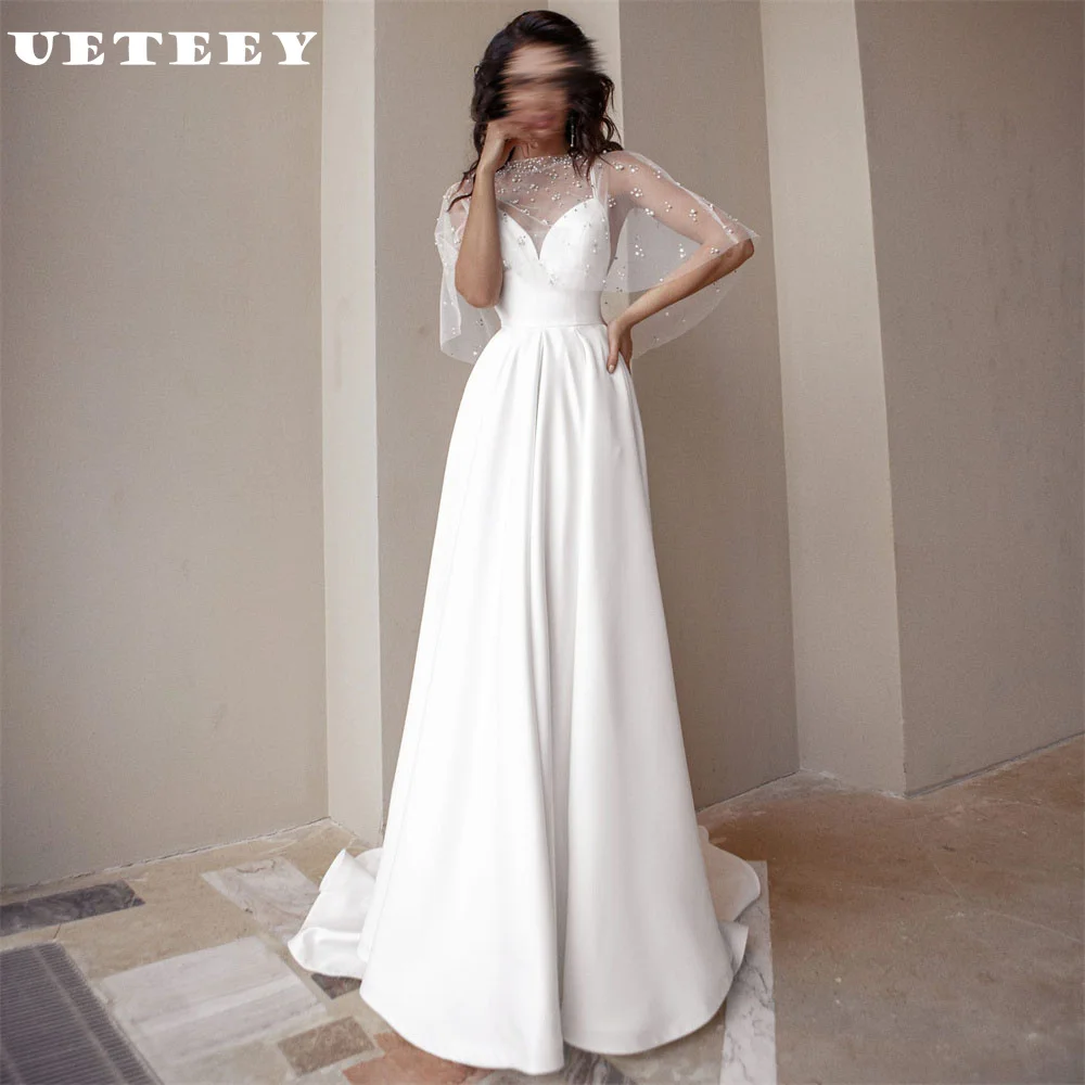 

UETEEY Customized 2 Pieces Illusion Coat Lace Crepe A Line Wedding Dress Women Simple Backless Floor Court Train Bridal Gown
