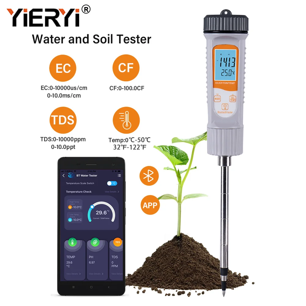 Yieryi Smart Bluetooth Soil & Water Quality Monitor Digital 4 In 1 EC TDS CF Temp Meter Farm Garden Soil Test Detector for Plant