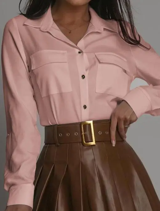 

Urban Commuting Women's Shirt Top Minimalist Women's Button Up Long Sleeved Shirt Autumn Solid Color Elegant Lapel Fashion Shirt
