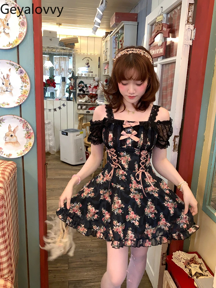 

Japanese Sweet Spring Summer One-word Shoulder Suspender Floral Dress Black High-waisted Slim-fitting Short-sleeved Dresses