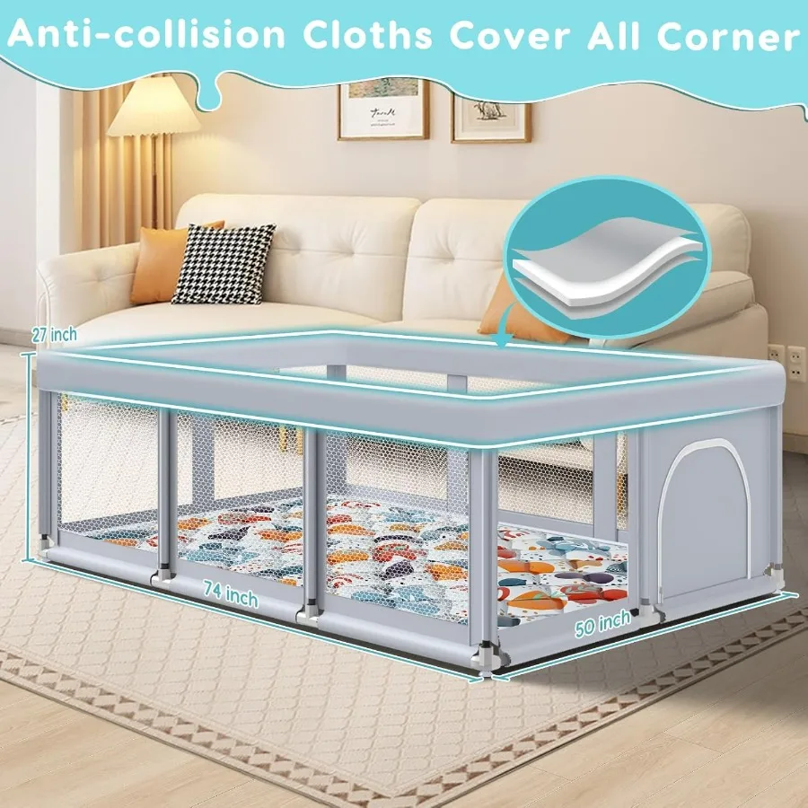 74 × 50 روضة أطفال كبيرة للاستخدام الداخلي والخارجي، ساحة لعب آمنة قوية مع تصميم شبكي ناعم قابل للتنفس ومضاد للسقوط، مثالي f #4