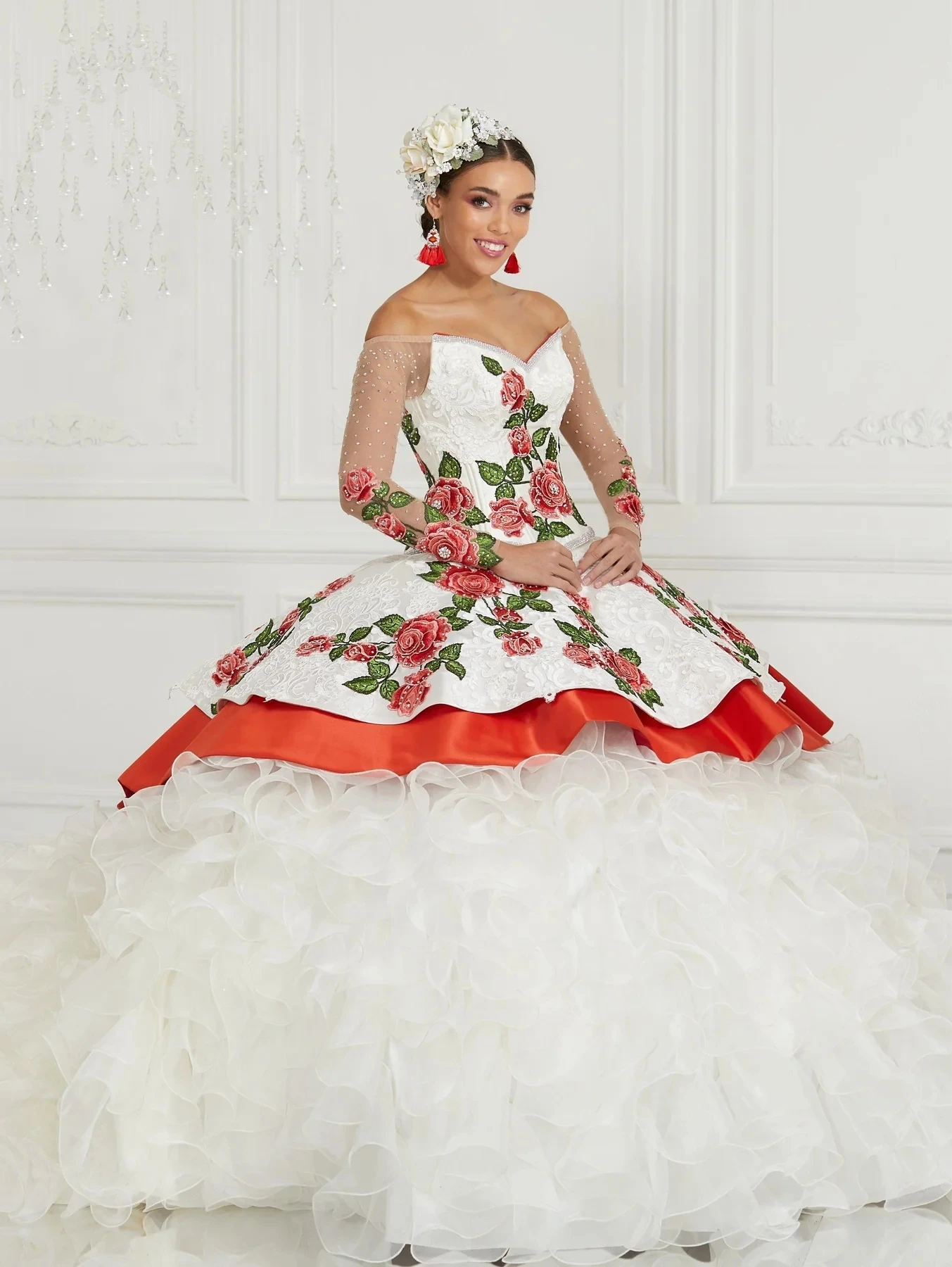 

Charro Quinceanera Dresses Ball Gown Long Sleeves Ruffles Appliques Beaded Puffy Mexican Sweet 16 Dresses 15 Anos Customized