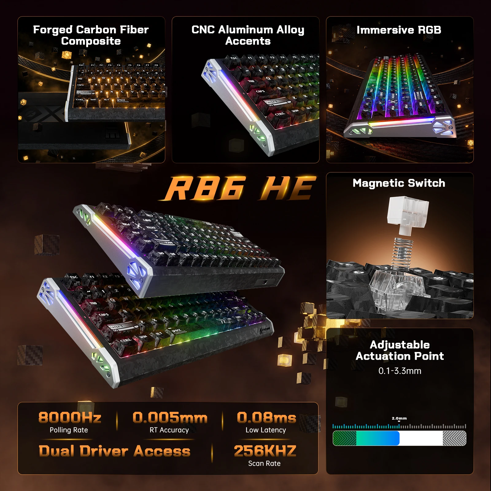 ATTACK SHARK R86 HE 8K Carbon Fiber Rapid Trigger Gaming Keyboard, 80% Hall Effect Wired Magnetic Keyboard,  Aluminum, RGB