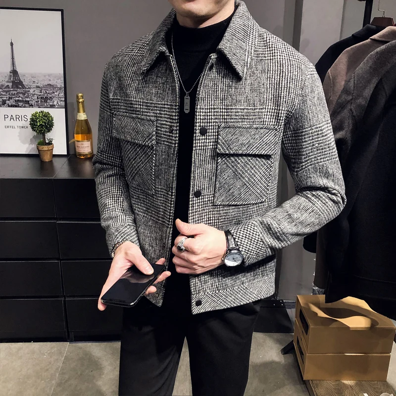 Men Polo Neck Woolen Jacket Autumn Winter Slim Fit Suit Coat Checkered Multi Pocket Korean Casual XJ659