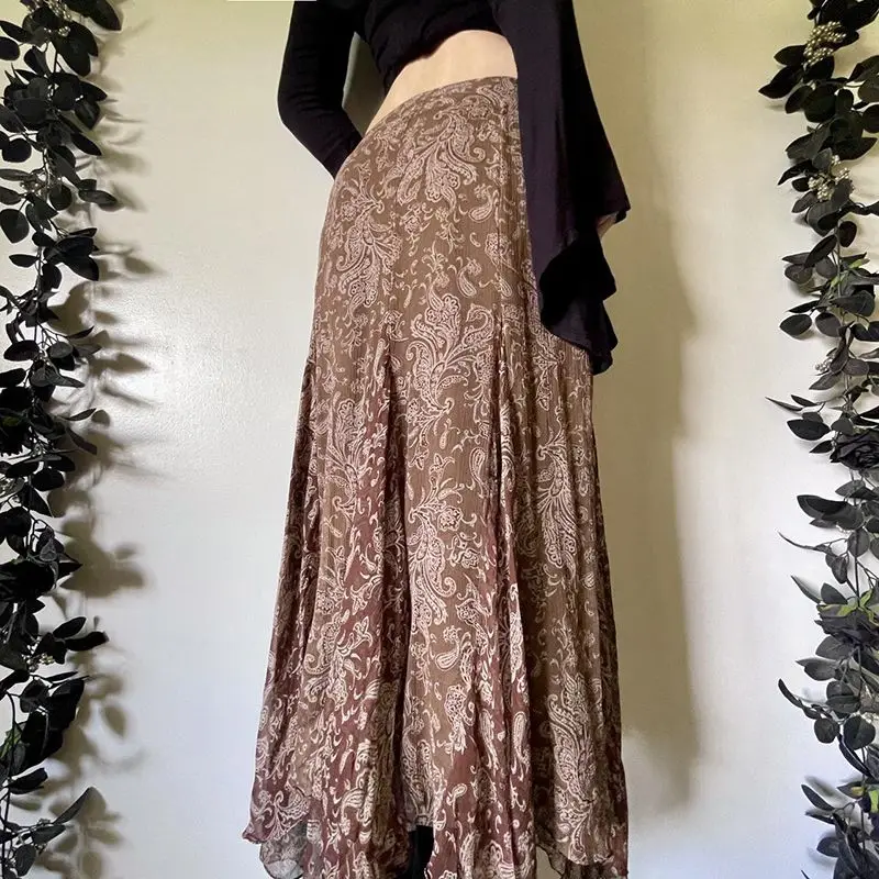 Y2K กระโปรงพิมพ์ลายย้อนยุคผู้หญิงสไตล์อเมริกันกระโปรงยาวตาข่ายบางเฉียบ, กระโปรงแม็กซี่กระโปรงยาวเอวต่ำไม่สมมาตร