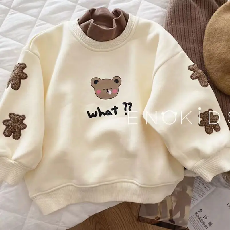 Kids Hoodies Girl Sweatshirt Autumn Long Sleeve Turtleneck T-shirt Children Boys Clothes Bear Applique Winter Girls Hooded Top