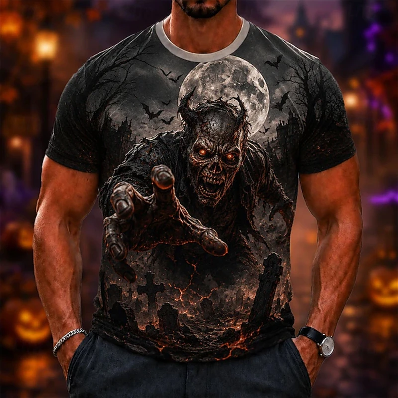 Men's Skull and Raven Horror-Themed Holiday Party Short-Sleeve Top Round-Neck Breathable Casual and Trendy Men's Top