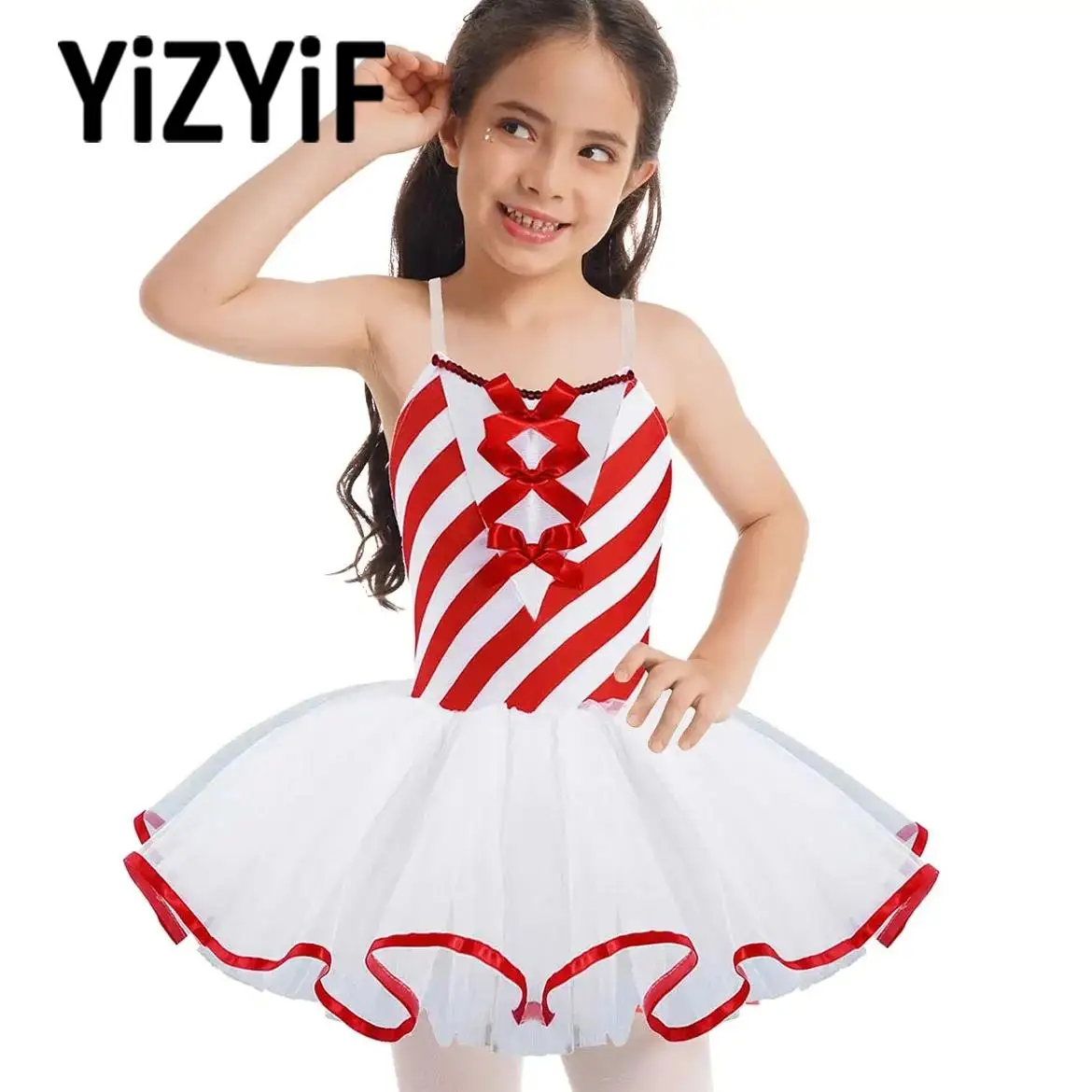 Children Girls Christmas Candy Cane Dress Costumes Ballet Figure Skating Costumes with Bowknot Cosplay Performance Dress Clothes