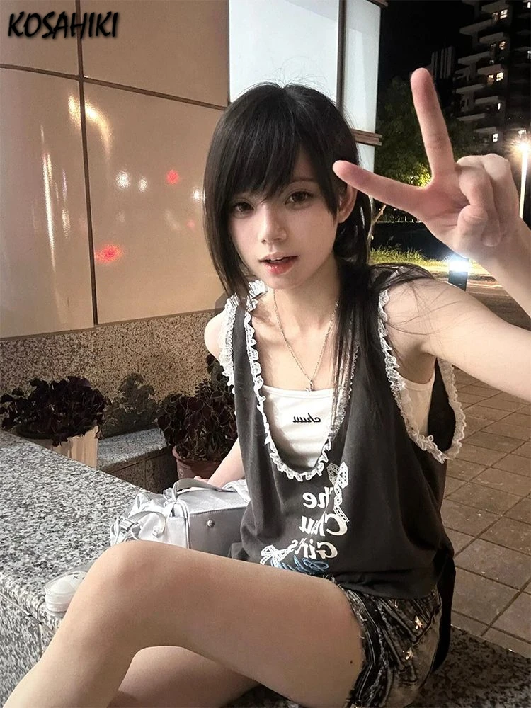 

Y2k Aesthetic Lace Patchwork Tank Top Women Streetwear Bow Letter Print Tanks Harajuku Tops Fairy Grunge Sleeveless Casual Tees