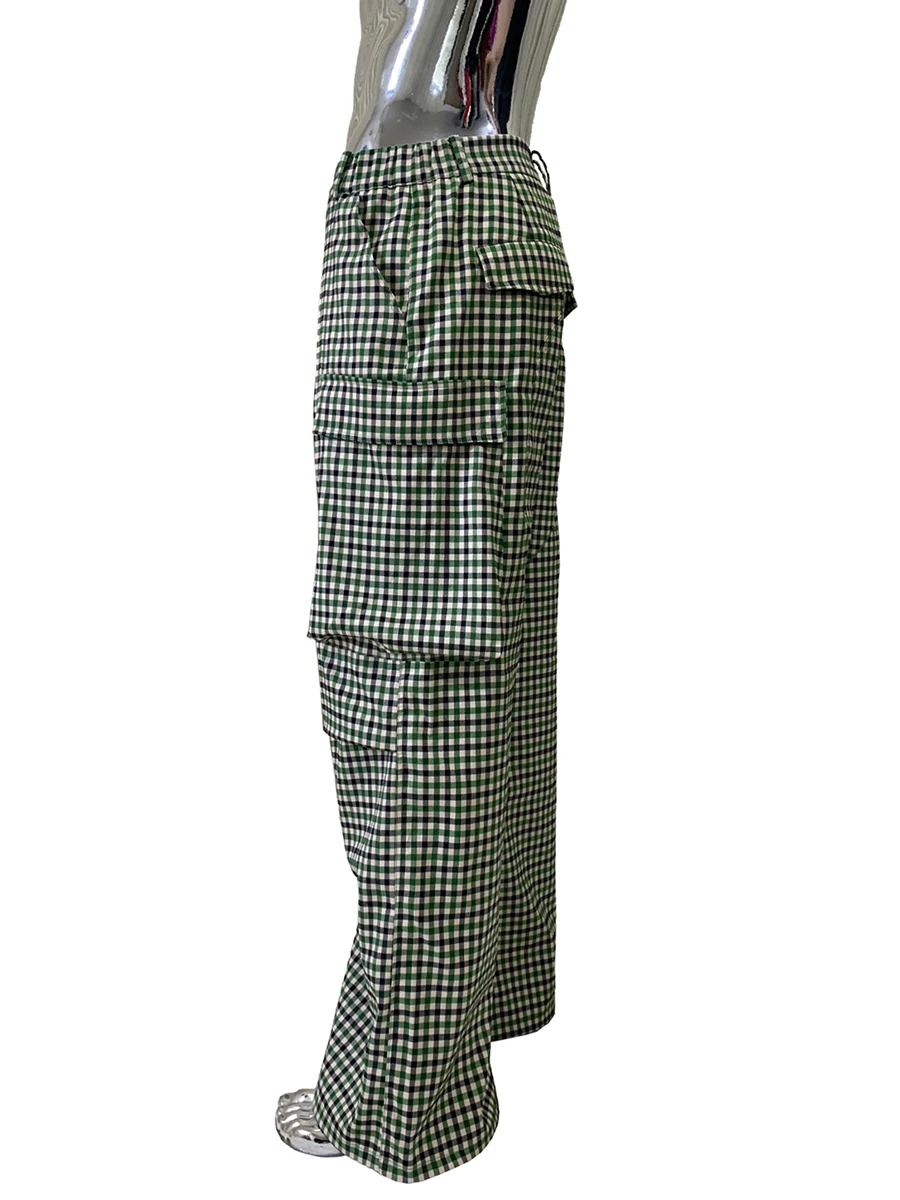 ربيع الخريف الملونة الأخضر منقوشة واسعة الساق السراويل البضائع للرجال جيوب ثلاثية الأبعاد شيك فاخر مصمم ايمو الملابس 2025 #6