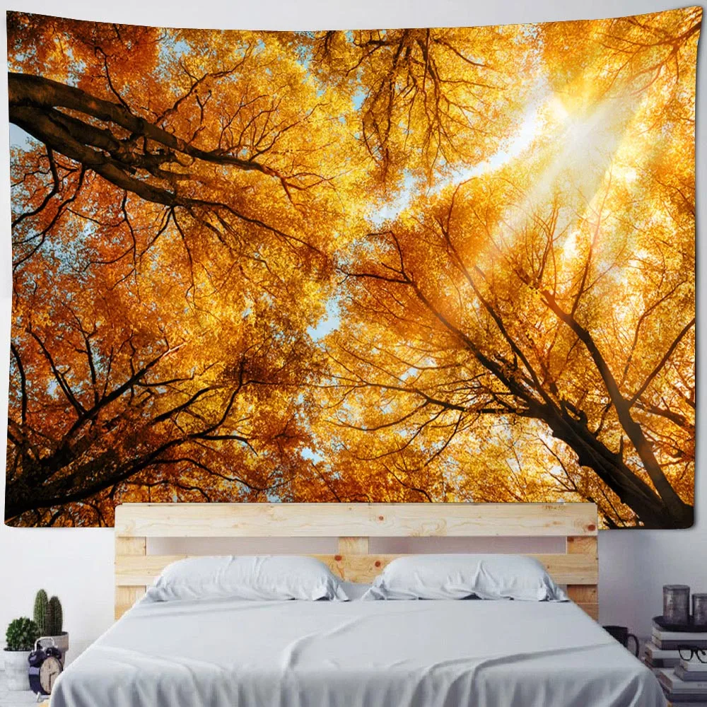 Tapiz de cielo de bosque rojo, cascada de jungla, colgante de pared, decoración artística bohemia para el hogar, Mural de tela, póster de fondo