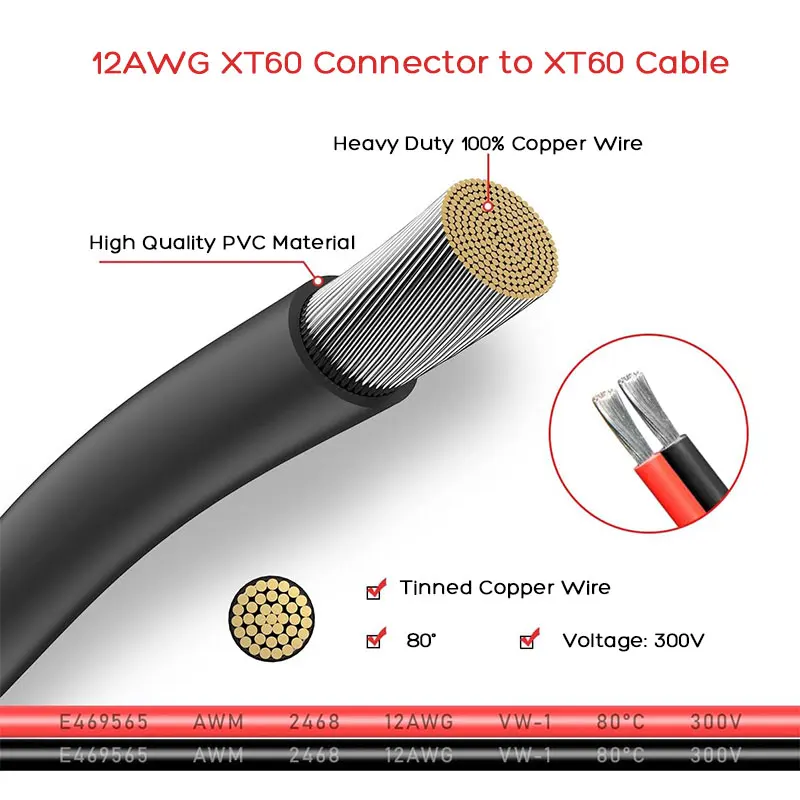 Удлинительный кабель 12AWG 1,5 м/5 футов XT60 штекер-гнездо, совместимый с портативной электростанцией ALLPOWERS Ecoflow Jackery Bluetti Anker