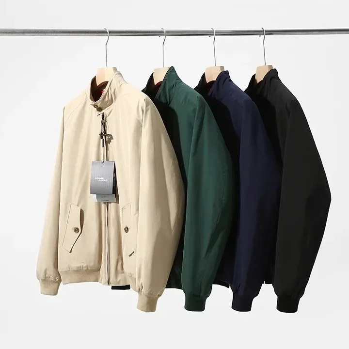 الخريف نمط جديد هارلينجتون الرجعية البريطانية الطيار سترة الرجال فضفاضة لون نقي الوقوف طوق ثلاثة واقية ملابس خارجية العصرية