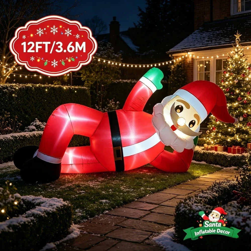 12 Ft Giant Christmas Inflatable Waving Santa Claus Laying Lighted Blow Up Leisure Xmas Yard Prop Holiday Party Outdoor Decor