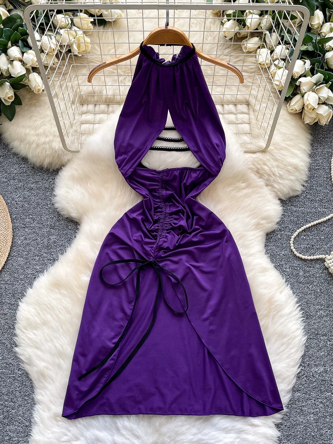 

Ele Bal платье женское летнее с v-образным вырезом для похудения фиолетовое платье с разрезом сексуальная юбка трапециевидной формы с высокой талией из полиэфирного волокна Svel