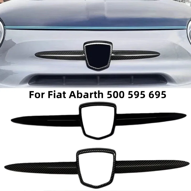 Front Badge Logo Frame Fits For Fiat Abarth 500 595 695 2012 - 2024 Front Grill Emblem Cover Glossy Black / Carbon Look