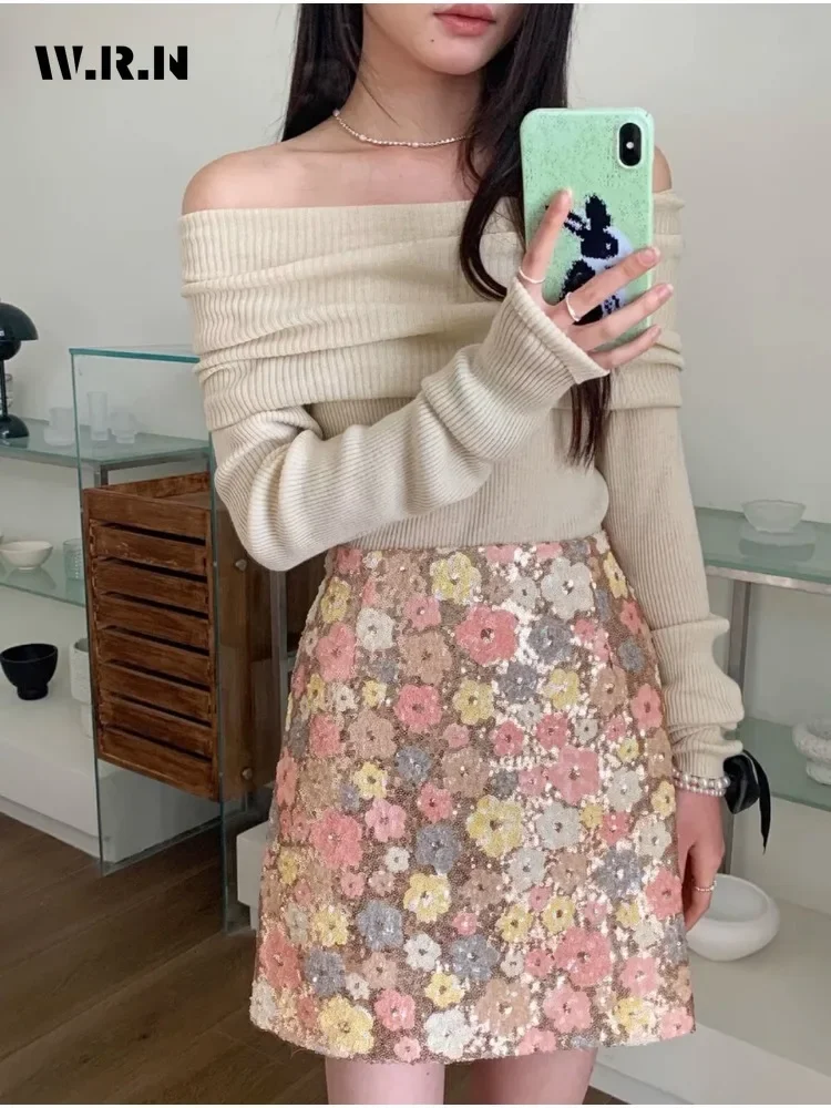 2024 Summer Casual Sweet Style Floral Print Fashion Skirts Women Fairy High Waist Slim A-line Bright Silk Hotsweet Mini Skirt