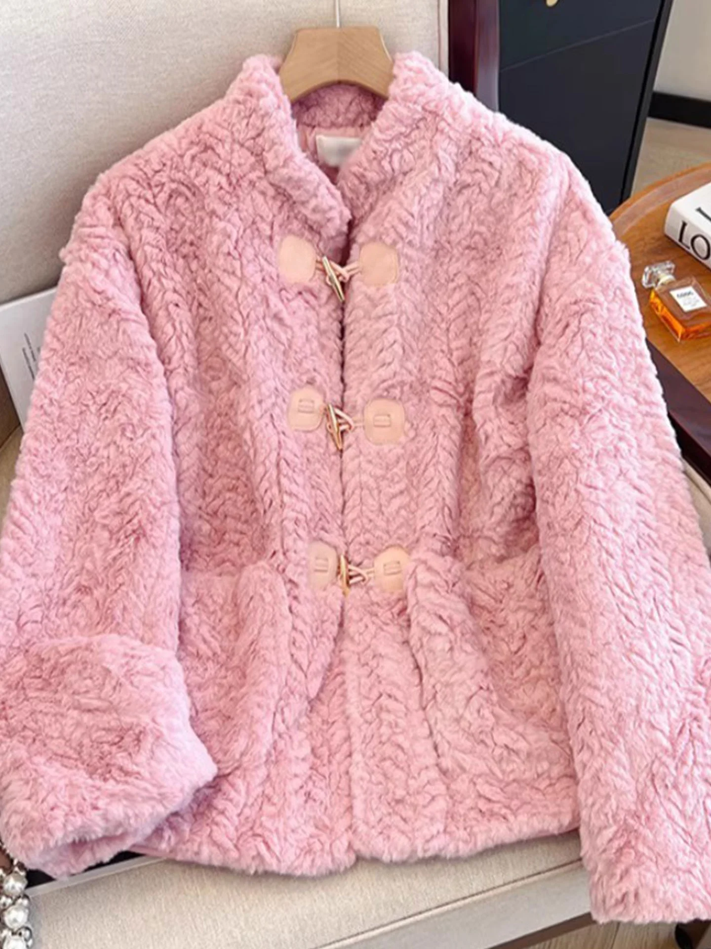 

Розовый кардиган из овечьей шерсти длиной до плеч для женщин больших размеров, повседневный, на пуговицах, в корейском стиле, свободного кроя