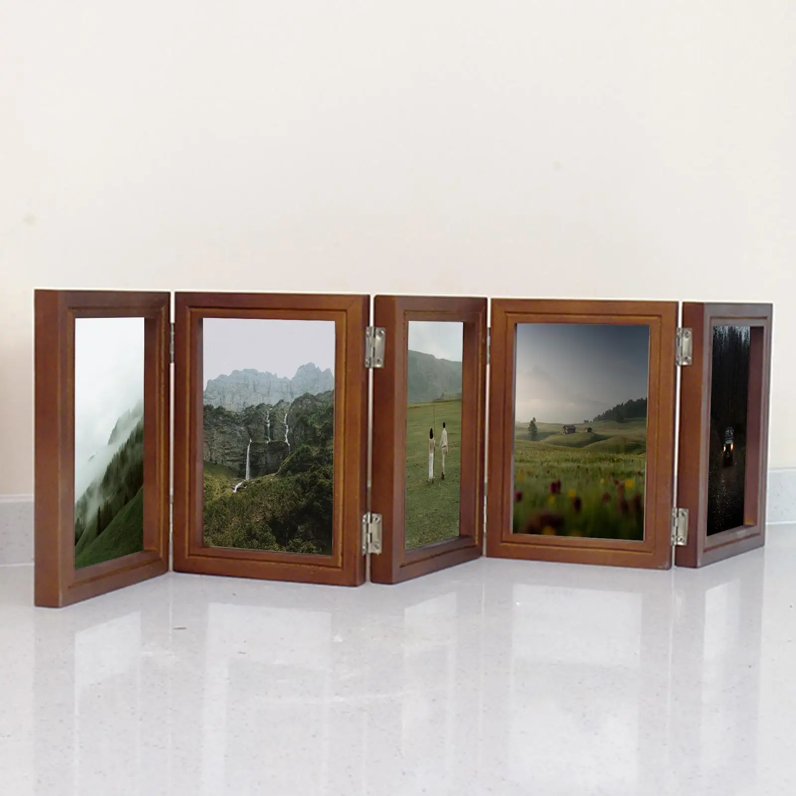 Wooden Hinged Picture Frame 5 Fold Family Collage Photo Stand Rustic Tabletop Decor for Bedroom Bookshelf