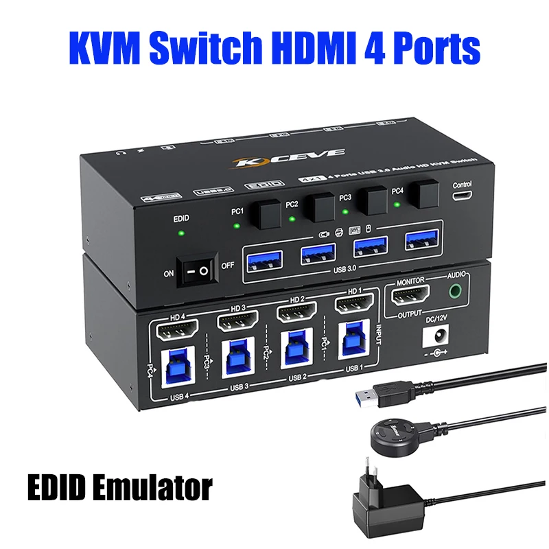 

8K HDMI KVM Switch 4 Computers , Simulation EDID, USB3.0 KVM Switch for 4 Computers Share 1 Monitor and Share Keyboard Mouse