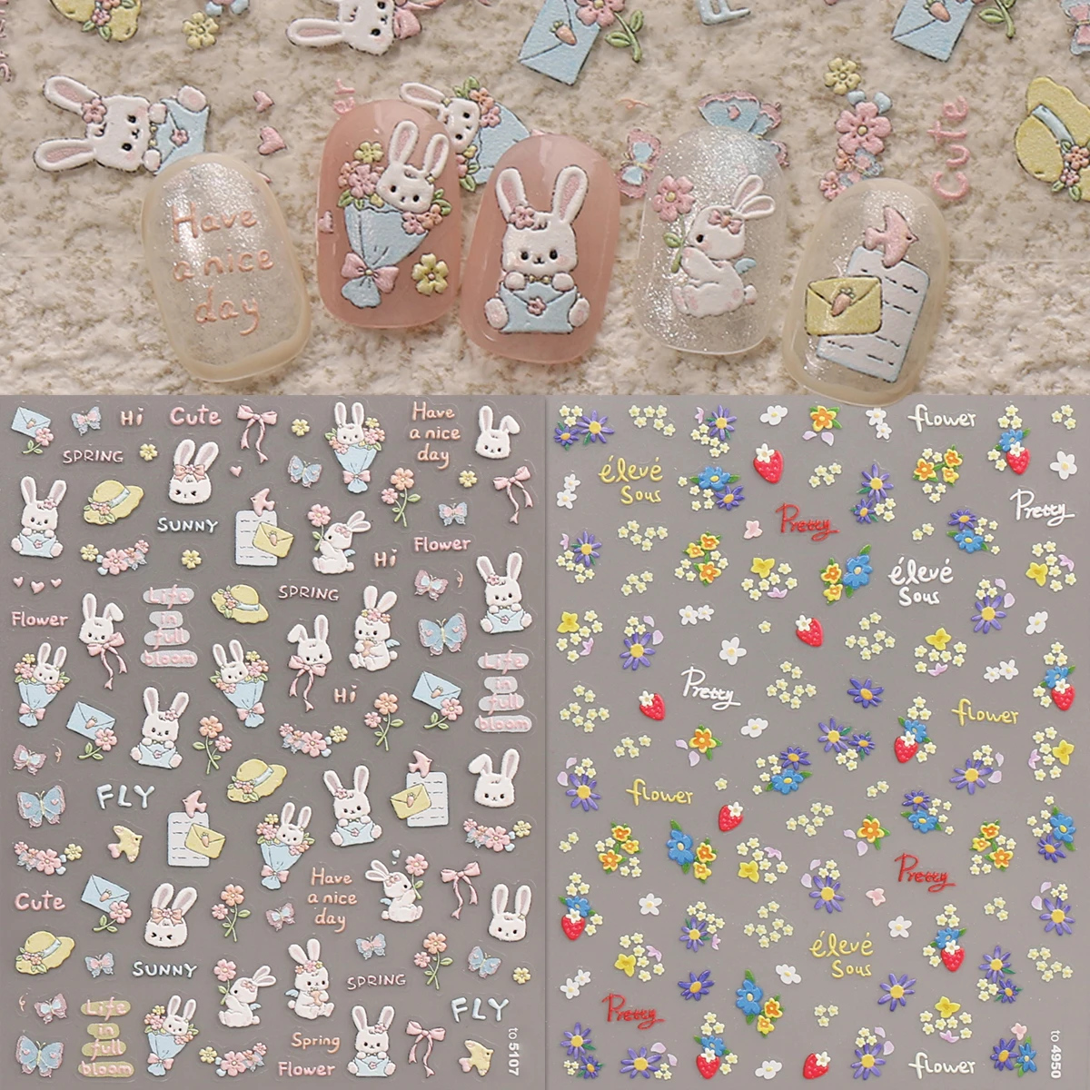 2pcs cartoon flower rabbit embossed nail art stickers, artistic nail art decals, easy to apply nail decoration, DIY, gift, party
