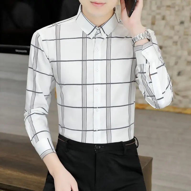 

Умная повседневная весенне-осенняя новая мужская одежда, рубашки в клетку с лацканами, однобортные роскошные деловые тонкие топы с длинными рукавами JJ283