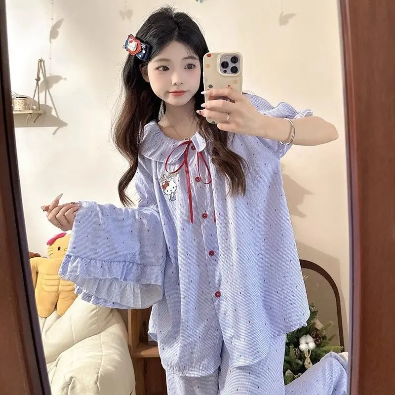 Hello Kitty Polka Point Princess Style Sanrio Summer New Women's Thin Loose Home Clothes 3-Piece Set Cloud Cotton Comfortable