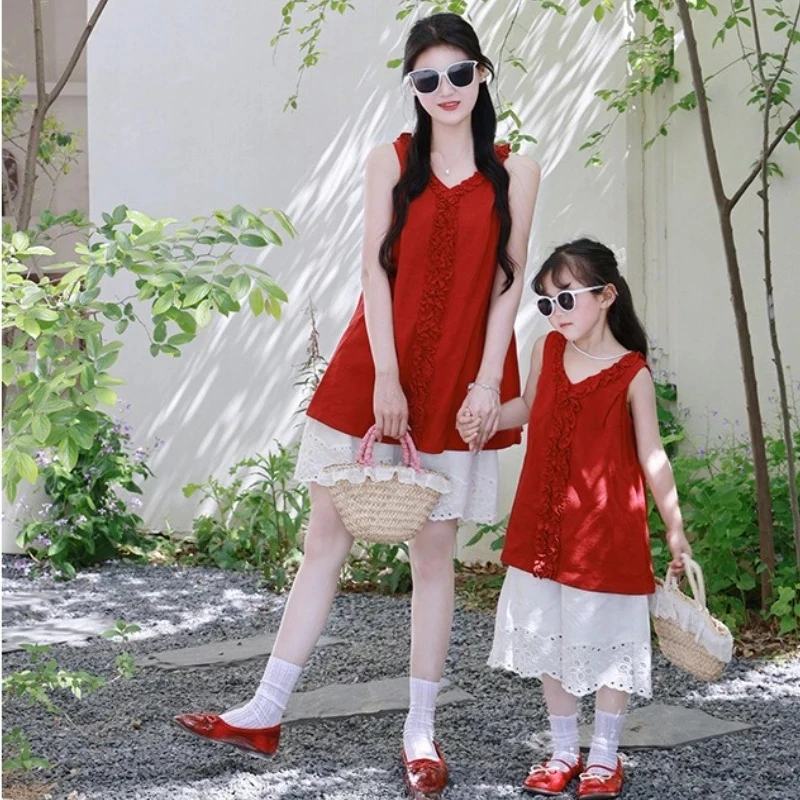 

Family Clothes Mom Dress Vacation Summer New Mother Daughter Matching Outfits Linen Lace Blouse Wide Leg Pants 2 Piece Set