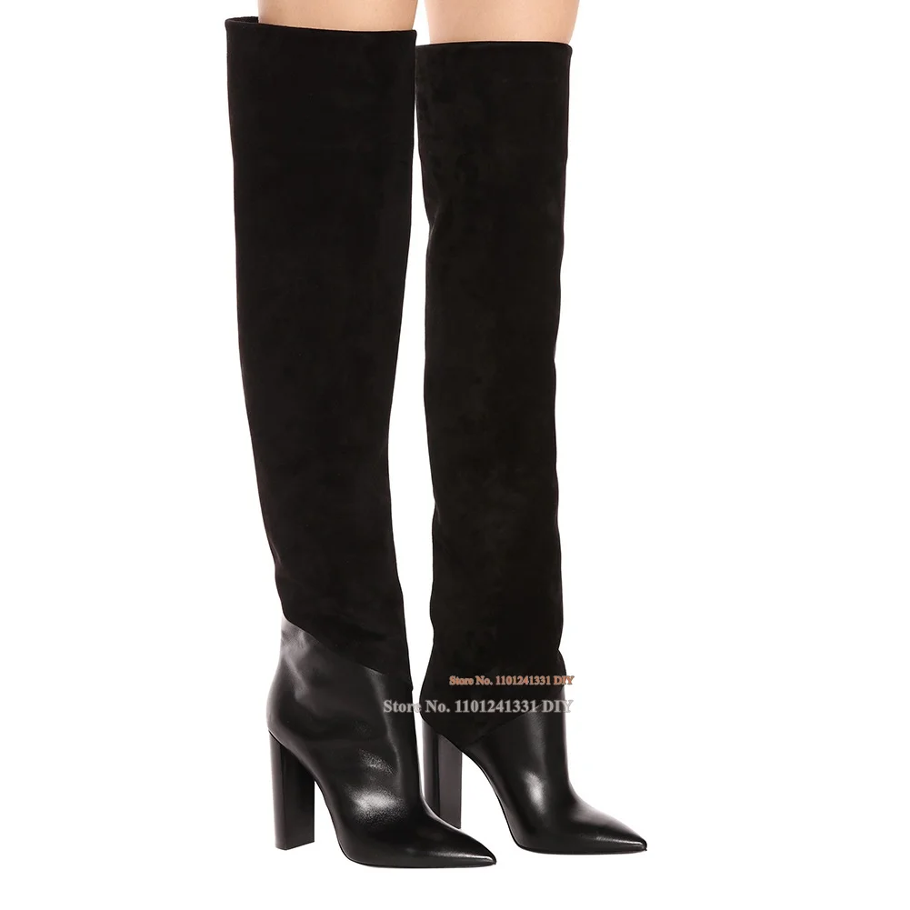

Black Pointy Toe Thick Heeled High Heel Knee High Boots Women Leather and Fabric Patch Large Size High Heel Autumn Winter Boots