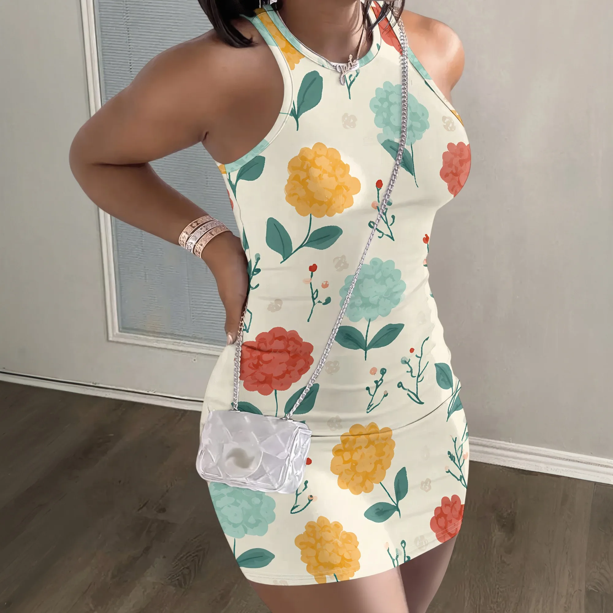 Floral Print Halter Dress, Vibrant Flower Pattern Sleeveless Bodycon, Retro Botanical Mini Party Clubwear, S-2XL
