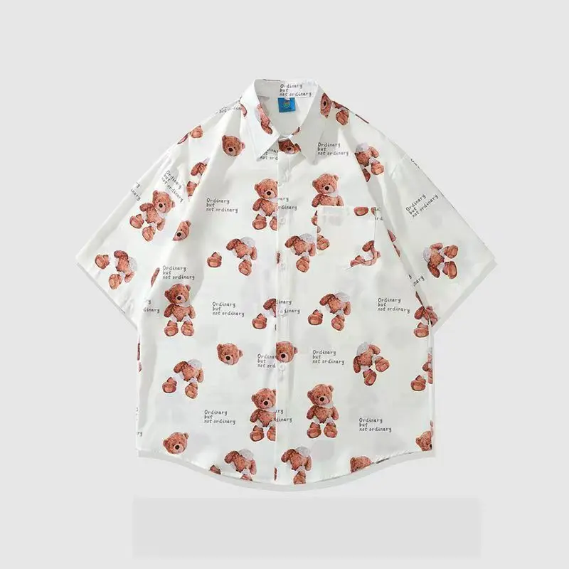 Korean Bear Cute Cartoon Full Printed Shirts Short Sleeve Lapel Blouse Men Women Harajuku Fashion Y2K Tops Students Summer