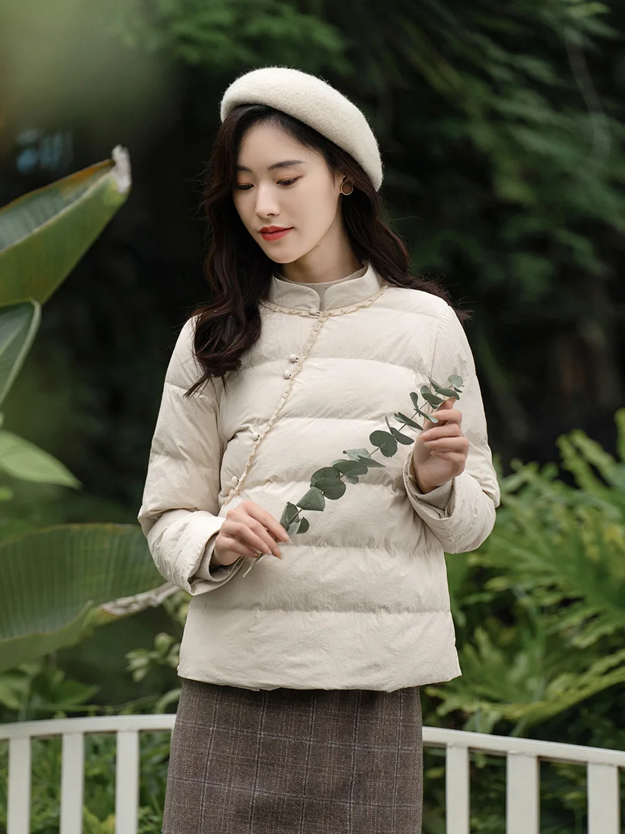

Warmth Retro Ele ort down Cotton Jaet Women's Side Button Stand Collar Lace Trim Winter Outerwear Nylon Fabric