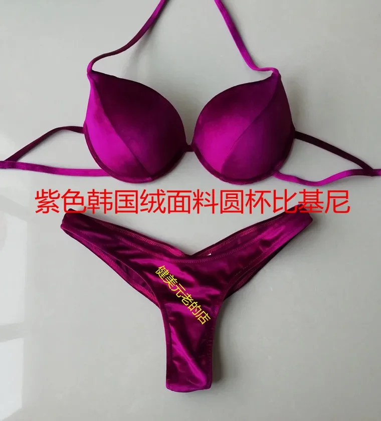 Women's NPC IFBB Round Cup Design High-Quality Korean Velvet Competition Bikini with Padding for Fitness and Bodybuilding