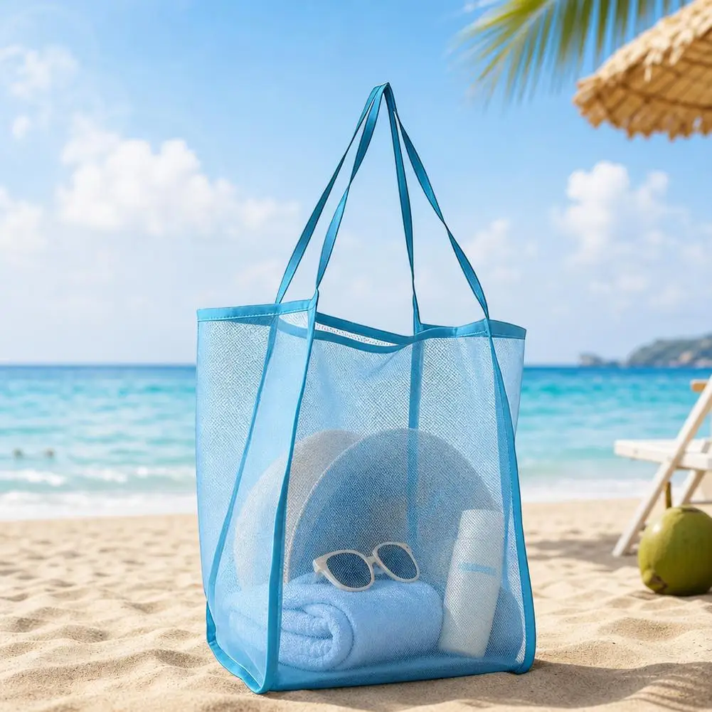 Mesh Beach Bag, Cosmetic Pouch Large Beach Tote with Zipper Pocket for Family Pool Bag for Toys & Vacation Essentials