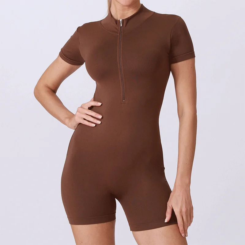 여름 반팔 지퍼 점프수트 스포츠웨어 짐 피트니스 스포츠 바디수트 여성 러닝 패션 운동복