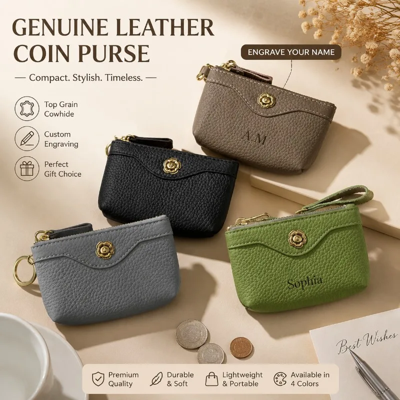 Personalized Genuine Leather Coin Purse Women Mini Wallet Custom Name Gift Zipper Pouch Card Holder Fashion Small Bag