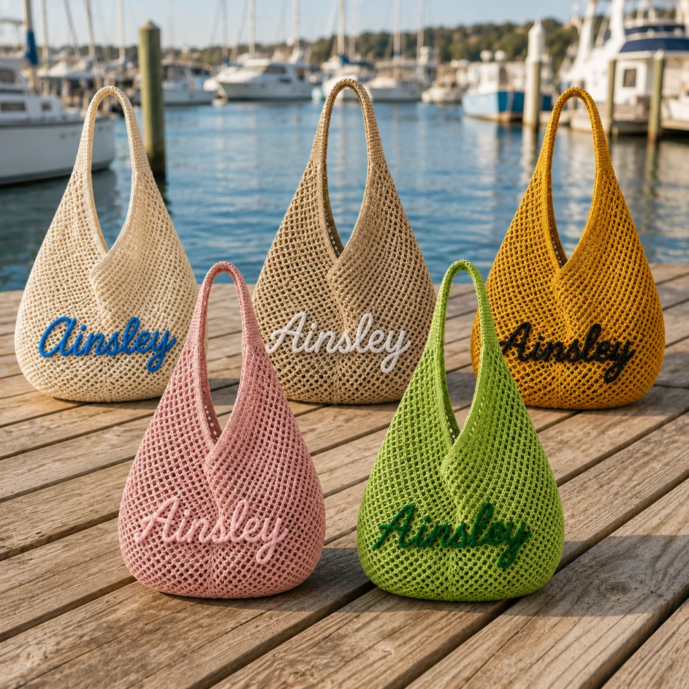 Embroidery Name - กระเป๋าถือชายหาดทรงโฮโบสานจากฟางแบบโปร่ง พร้อมปักชื่อแบบกำหนดเอง กระเป๋าสะพายไหล่สำหรับเพื่อนเจ้าสาว ของขวัญสำหรับวันหยุด