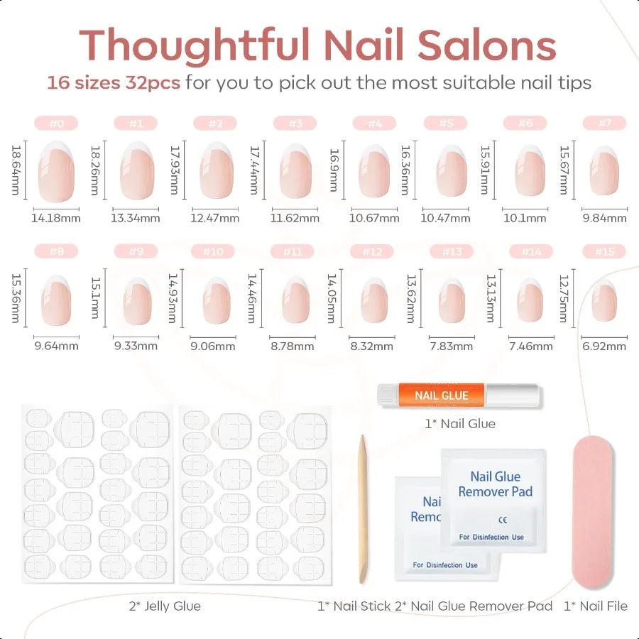 French Tip Pr On Nails Short Oval Fake Nails Pr Ons with Nail Glue Adhesive Tabs Nail File Prep Pad Manicure Stick 32Pcs 16 Siz