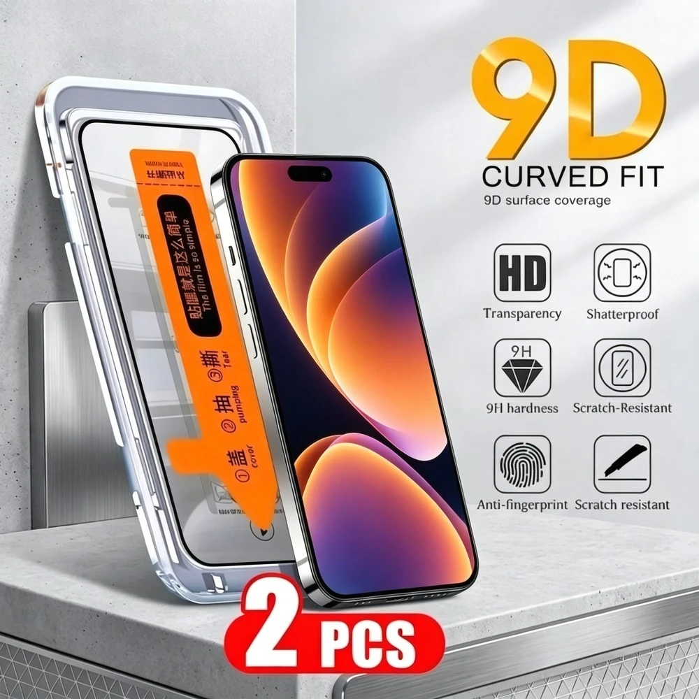 

2Pcs Full Cover Screen Protector for iPhone 17 16 15 Pro Max Air 17e 16e 14 13 12 11 Pro 15 14 Plus Dust Free Installation Glass