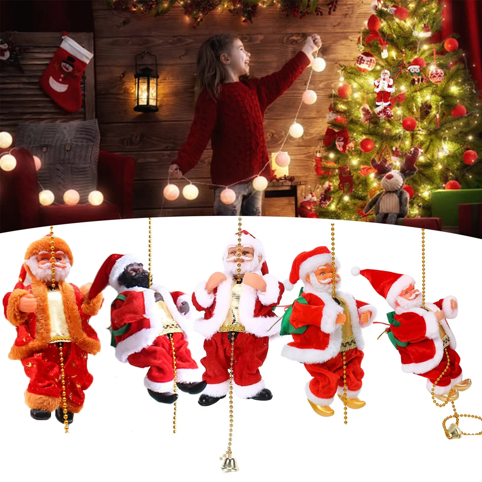 Electric Climbing Santa Claus On Beads Chain Musical Moving Christmas Ornaments Christmas Decoration Hanging Xmas Ornament Toys