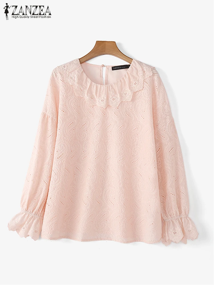 ZANZEA Casual Loose Cotton Tops Women Lapel Collar Blusas Sweety Lace Splicing Ruffled Blouse Elegant Flare Long Sleeve Tees